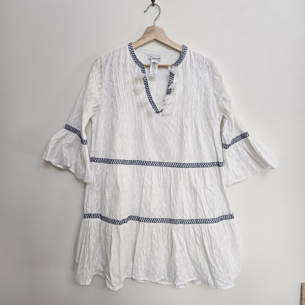 Tommy Bahama Dress Womens Small White Blue Tassel Trim Boho Cotton Embroidered